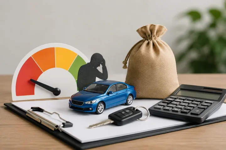Credit-score dial with the needle in the red zone next to a blue model car, a money bag, car keys and a calculator on a clipboard