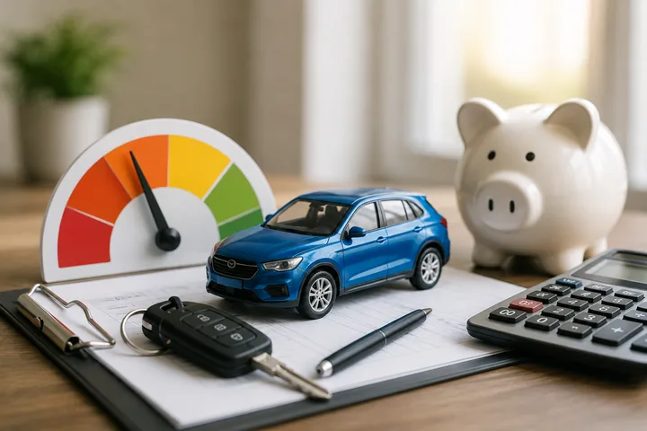 Blue model SUV on a signed financing agreement with a credit-score dial, car keys, a pen, a calculator and a piggy bank