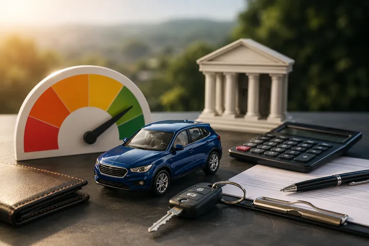 Dark blue model SUV beside a credit-score dial, a leather wallet, car keys, a calculator and a bank building in the background