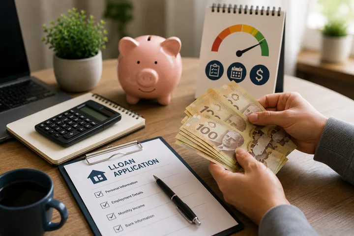 Hands holding Canadian $100 bills over a printed loan application with a calculator, a piggy bank, a laptop and a credit-score dial on a desk calendar