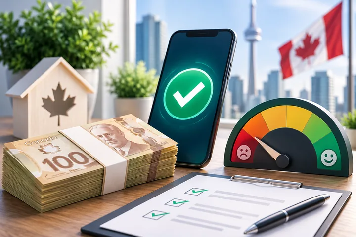 Bundles of Canadian $100 bills beside a phone showing a green approval tick, a credit-score dial and a wooden house with a maple leaf