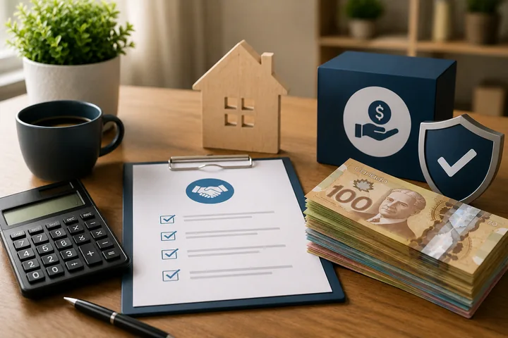 Clipboard with a signed checklist and a handshake icon next to a coffee cup, a calculator, stacks of Canadian bills and a shield with a tick
