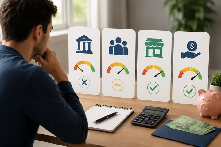 Man at a desk comparing four lender cards with credit-score dials marked with a cross, a dash and two ticks, beside a notebook, a calculator and Canadian bills