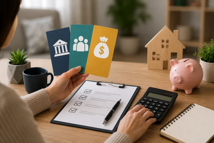 Hands holding three lender cards over a clipboard checklist, with a calculator, a wooden house and a piggy bank on the desk