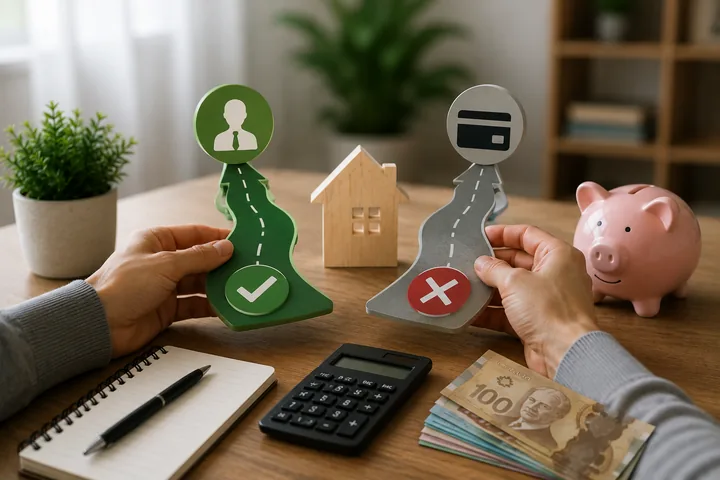 Two hands holding a green road sign with a tick and a grey road sign with a red cross above a desk with Canadian $100 bills and a calculator