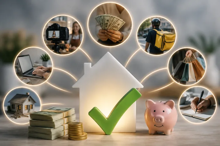Glowing circles around a model house showing gig income sources — a camera, cash in hand, a courier, shopping bags, a laptop and a hand writing