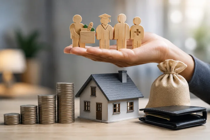 Hand holding wooden figures of a shopper, a graduate, an adult and a person with a medical cross above coin stacks, a model house and a money bag