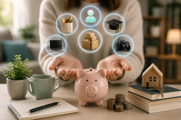 Woman with open hands under icons of groceries, a person, a graduation cap, a laptop, parcels and a camera, beside a piggy bank and a model house