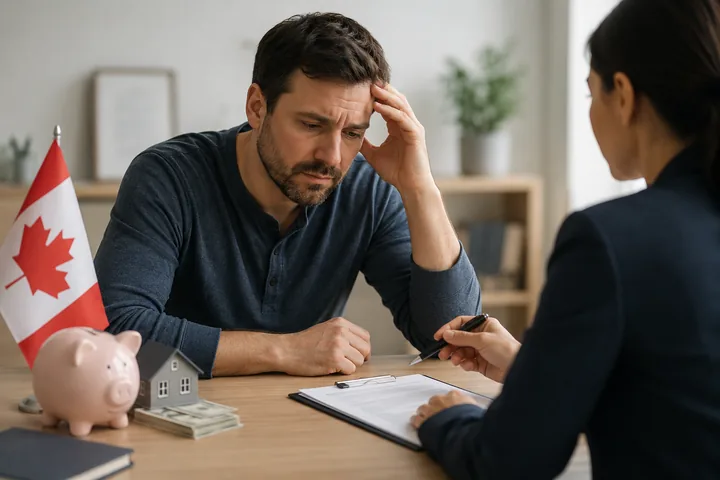 Borrower talking to a loan adviser across a desk with a Canadian flag, a piggy bank, a model house and a printed application