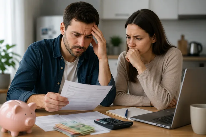 Couple reading a statement together at the kitchen table with a laptop, a calculator, banknotes and a piggy bank
