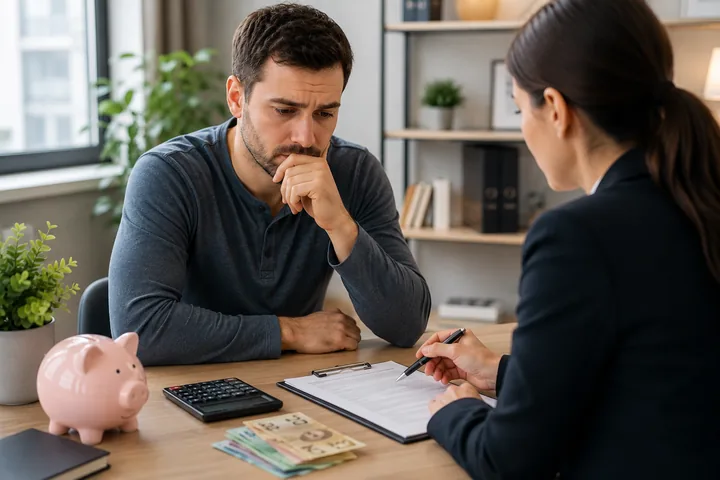 Loan adviser holding a pen over a clipboard while the applicant listens, with a calculator, banknotes and a piggy bank on the desk